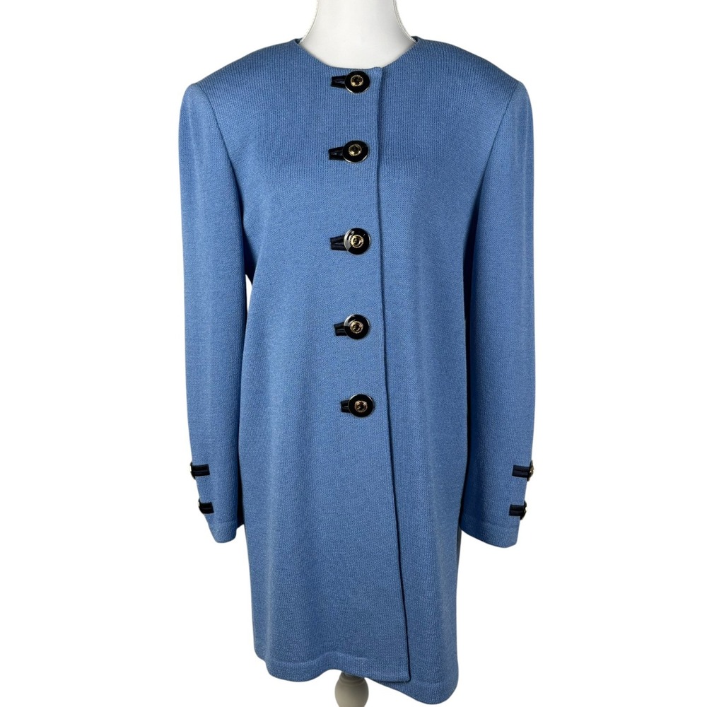 St John Santana Knit Jacket Womens M Blue Gold Logo Buttons Vintage USA